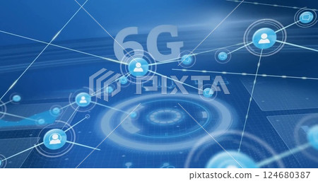 Image of 6g text, network of connections with icons over scope 124680387