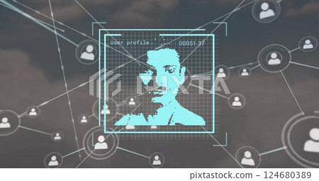 Image of biometric photo and network of connections with icons over clouds 124680389