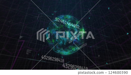 Image of network of connections over globe on black background 124680390