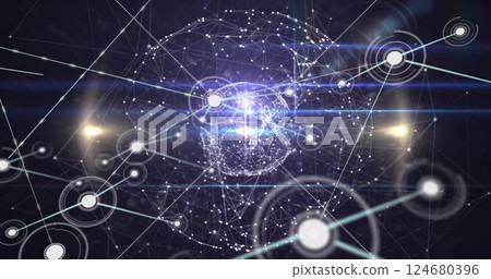 Image of network of connections with spots over globe 124680396