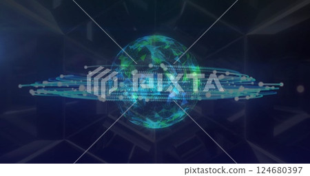 Image of network of connections over globe on dark background 124680397