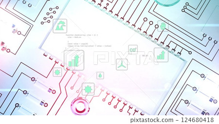 Image of data processing over digital icons and circuit board 124680418