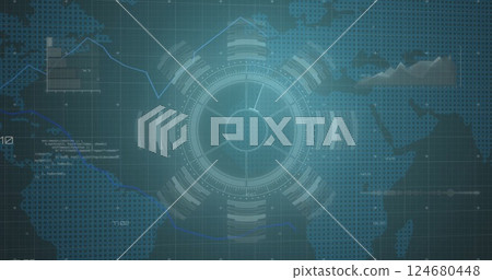 Image of data processing and scope scanning over world map on black background Image of data processing and scope scanning over world map on black background 124680448