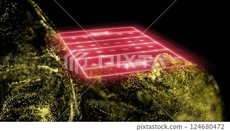 Image of glowing light trails moving over sports field on black background Image of glowing light trails moving over sports field on black background 124680472