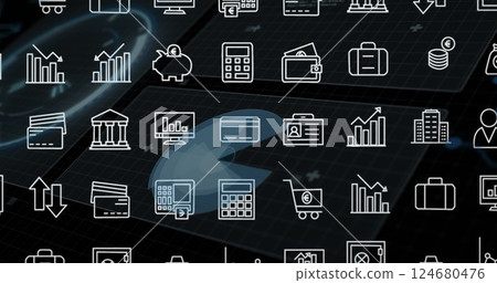 Image of digital data processing and business icons over black background Image of digital data processing and business icons over black background 124680476