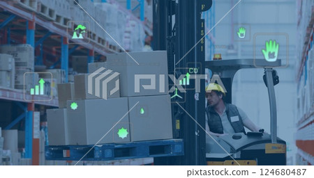 Image of eco icons and data processing over caucasian man working in warehouse 124680487