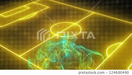 Image of glowing light trails moving over football field on black background 124680490