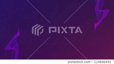 Image of triangle with glowing light trails moving over purple background 124680492