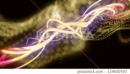 Image of glowing light trails moving over yellow mesh on black background 124680503