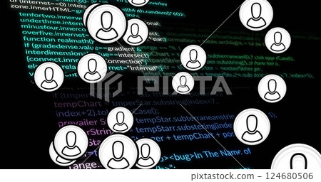 Image of data processing and connections with people icons over dark background Image of data processing and connections with people icons over dark background 124680506