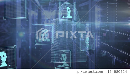 Image of biometric photos, padlock and digital data processing over computer servers Image of biometric photos, padlock and digital data processing over computer servers 124680524