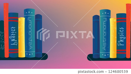 Image of science books on shelf over soft blue, pink and yellow background Image of science books on shelf over soft blue, pink and yellow background 124680539