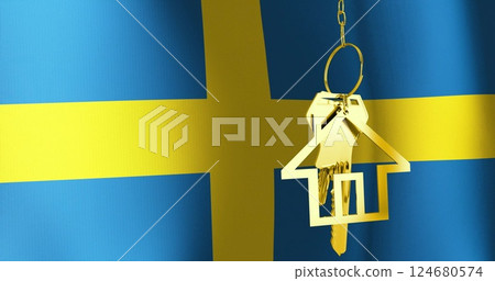 Image of golden house key over waving flag of sweden 124680574