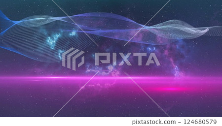 Image of glowing light trails and mesh moving over black background Image of glowing light trails and mesh moving over black background 124680579
