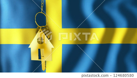 Image of golden house key over waving flag of sweden Image of golden house key over waving flag of sweden 124680580