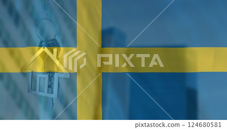 Image of silver house key over waving flag of sweden and office building Image of silver house key over waving flag of sweden and office building 124680581