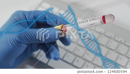 Image of dna strands spinning over hand with test tube with blood on white background Image of dna strands spinning over hand with test tube with blood on white background 124680594
