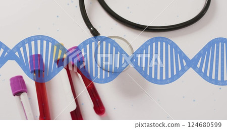 Image of dna strand spinning over test tubes with blood and stethoscope on white background 124680599