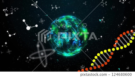 Image of dna and data processing over globe on black background 124680600