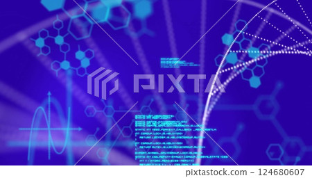 Image of dna and data processing over blue background 124680607