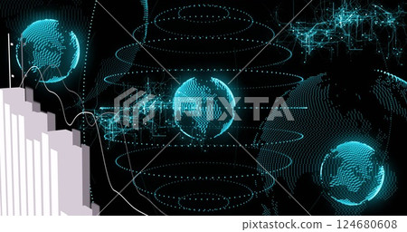 Image of diagrams over spots moving and globes 124680608