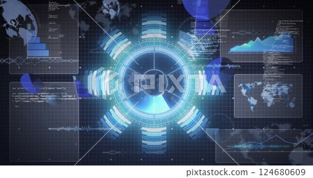 Image of scope scanning and digital data processing over black background 124680609