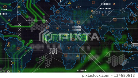 Image of crypto text and digital data processing over world map on black background 124680618