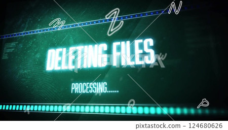 Image of deleting files text and digital data processing over green background Image of deleting files text and digital data processing over green background 124680626