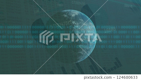 Image of binary coding and data processing over globe Image of binary coding and data processing over globe 124680633