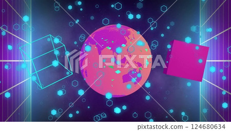 Image of globe and shapes moving on black background 124680634