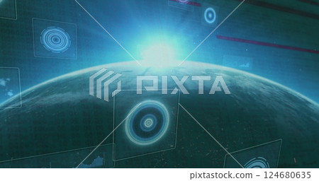 Image of scopes and data processing over globe 124680635