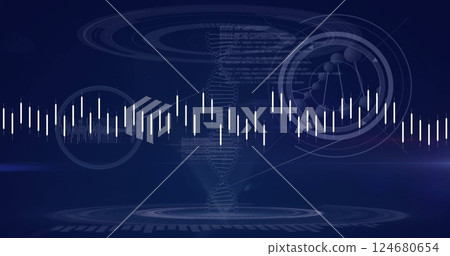 Image of financial data processing over dna strand on black background Image of financial data processing over dna strand on black background 124680654