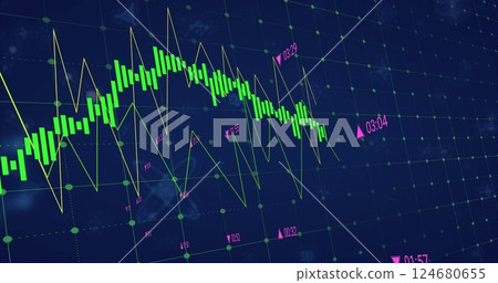 Image of financial data processing over molecules on black background Image of financial data processing over molecules on black background 124680655