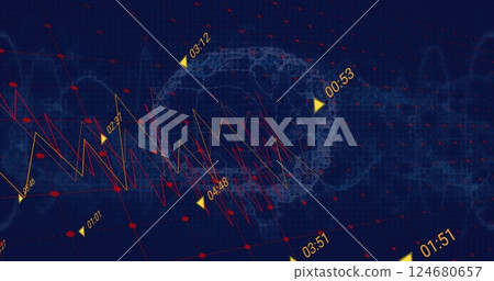 Image of financial data processing over digital brain on black background Image of financial data processing over digital brain on black background 124680657
