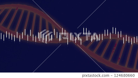 Image of financial data processing over dna strand on black background 124680660