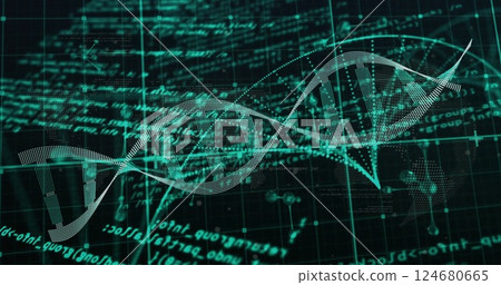 Image of data processing over dna strand and molecules on black background 124680665
