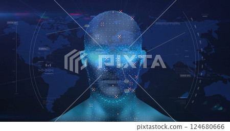 Image of digital human model over scope scanning with world map on black background 124680666