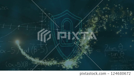 Image of mathematical data processing over padlock icon and shooting star Image of mathematical data processing over padlock icon and shooting star 124680672