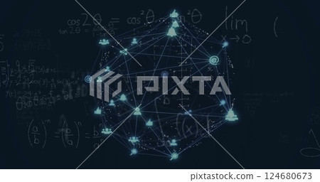 Image of mathematical data processing over globe with connections Image of mathematical data processing over globe with connections 124680673