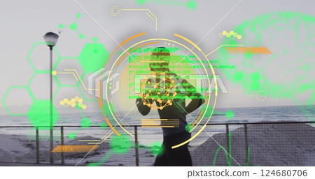 Image of scanner, elements and data over african american man running by sea Image of scanner, elements and data over african american man running by sea 124680706