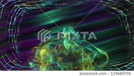 Image of shapes over light trails on black background Image of shapes over light trails on black background 124680708