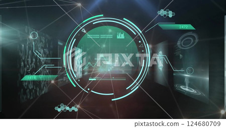 Image of circular scanner over dna strand and medical data on interface screens Image of circular scanner over dna strand and medical data on interface screens 124680709
