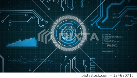 Image of scope and data processing over circuit board on screen 124680715