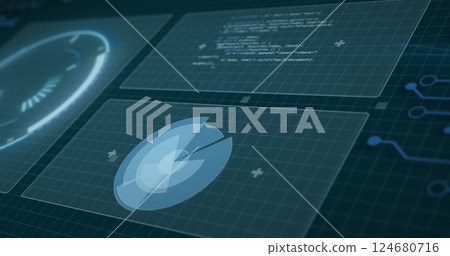 Image of scope and data processing over circuit board on screens Image of scope and data processing over circuit board on screens 124680716