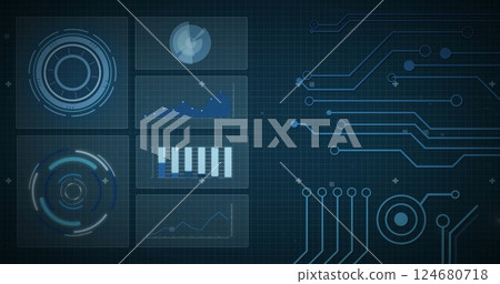 Image of scope and data processing over circuit board on screens Image of scope and data processing over circuit board on screens 124680718