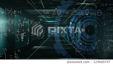 Image of mathematical equations and circular scanner over interface screens on dark background 124680747