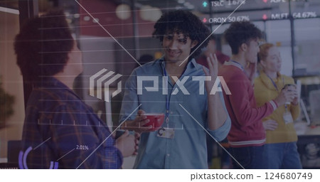 Image of financial data processing over diverse business people in office Image of financial data processing over diverse business people in office 124680749