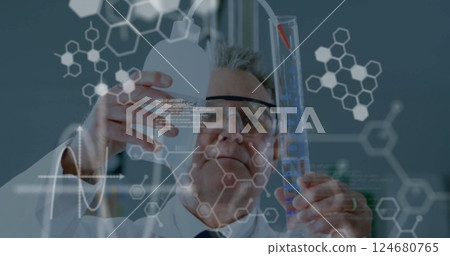 Image of scientific data processing over caucasian male scientist in laboratory 124680765