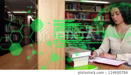 Image of data processing and chemical formula over caucasian female student reading in library 124680766