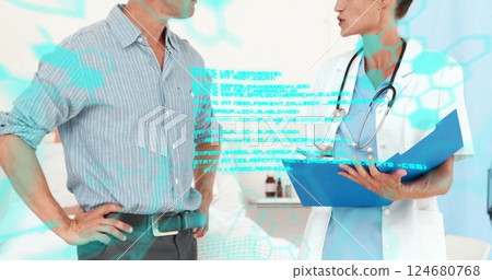 Image of data processing and chemical formula over caucasian female doctor talking with patient Image of data processing and chemical formula over caucasian female doctor talking with patient 124680768